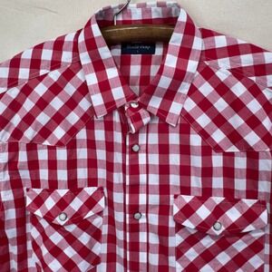 Double Pump Western Shirt Large Red White Gingham Pearl Snap Short Sleeve Cowboy